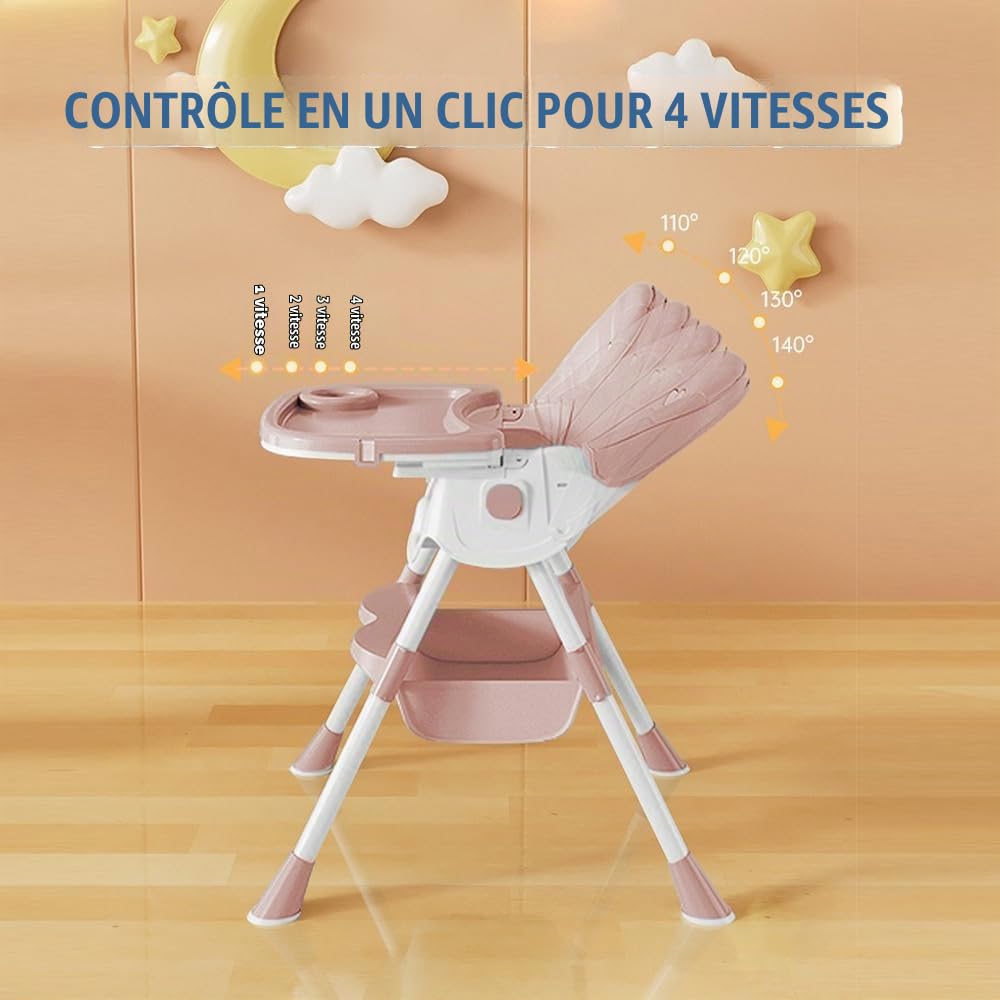 4 en 1 Chaise Haute Evolutive pour Bébés et Enfants, Chaise à Manger Confortable avec Hauteur en 2 Positions et Angles d'Inclinaison, Chaises Pliable Stable (Rose-blanc A)