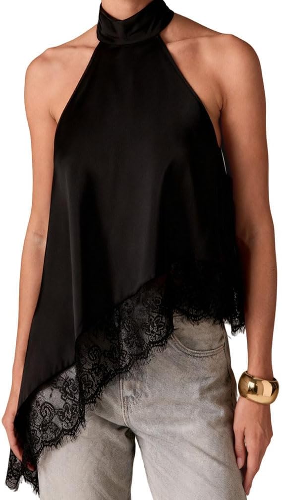 Women Y2K Lace Trim Satin Halter Top Sleeveless Mock Neck Loose Fit Lace Camisole Sexy Asymmetric Hem Tank Shirt