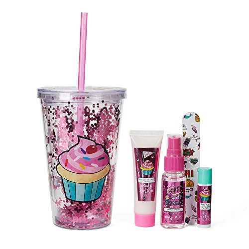 Insulated Cup with Bath Set - 1 Lotion, 1 Nail file, 1 Body Mist, 1 Lip Balm - Various Designs (Sweet Like Donuts)
