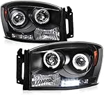 [For 2006-2008 Dodge RAM 1500 2500 3500] LED Halo Ring Black Projector Headlight Headlamp Assembly, Driver & Passenger Side