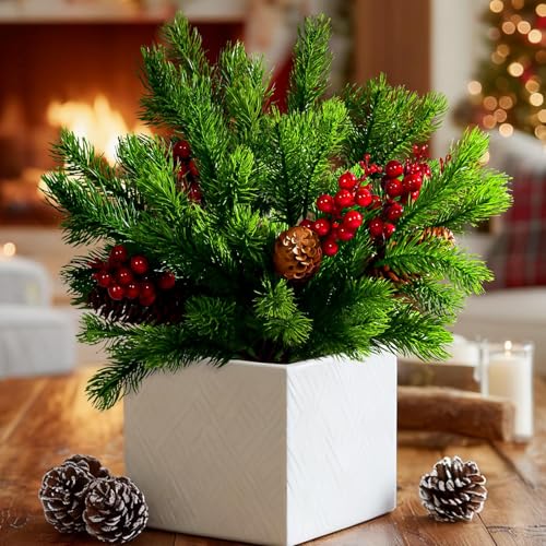 Bailikang 8PCS Artificial Pine Branches with Red Berry Pine Cones Artificial Needles Branches Greenery Stems Fake Greenery Floral Arrangements