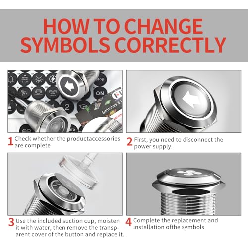 Image of 2PCS 19mm LED Momentary Push Button Switch 12V 24V IP67 White | Stainless Steel 20A with 185 Replaceable Symbols Marine Boat, Engine Start, Horn, Momentary Control