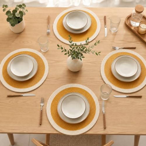 Image of Cotton Rope Placemats, Round Red with White Border, Set of 4, Heat Resistant Table Mats (Yellow and White)