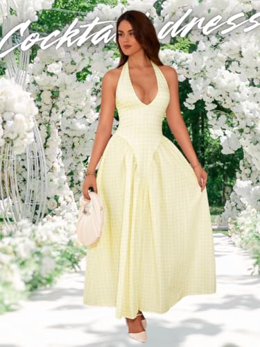 Image of ChiaoLezhee Deep V Neck Dress, Halter Maxi Dresses, Vacation Date Night, Sexy for Women Corset Flowy Wedding Guest Drop Waist