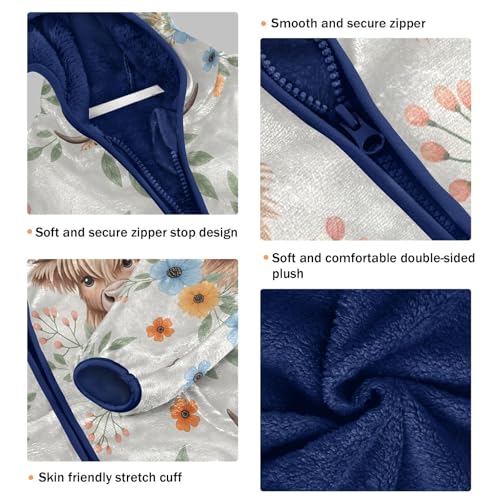 Cute Highland Cows Floral Pattern Toddler Fleece Jacket Girl Boys Hooded Fleece Jacket Coat Warm Outwear Zip-up 3-10T3