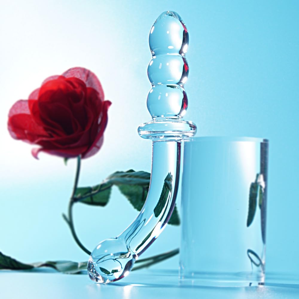 Small Crystal Glass Thin Curved Pleasure Cute Double-Ended Anal Plug Beads Dildo, Beginner Massager Anal Sex Toy Men and Women Masturbation Penis Anal Plug, Suitable for Men and Women