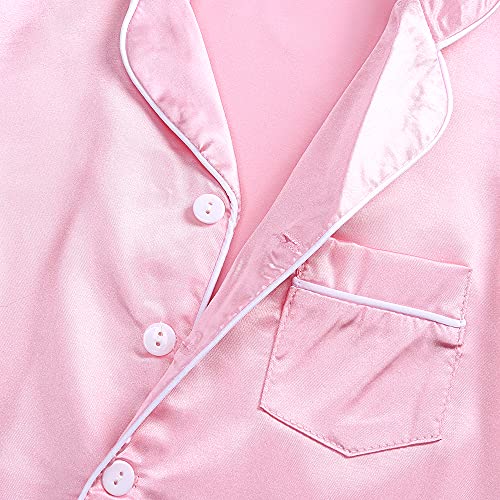 KISBINI Girls Satin Pajamas Button-Down Silk Pajamas for Girls 2 Pieces Sleepwear PJS Set for Kids 1-13 Years2
