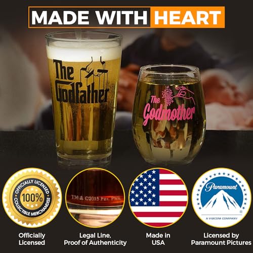 The Godfather & Godmother Printed Pint & Stemless Wine Glass Set - Premium Quality Licensed, Handcrafted Glassware - A Collectible Gift for Godparents, Movie Lovers & Special Occasions - Image 5