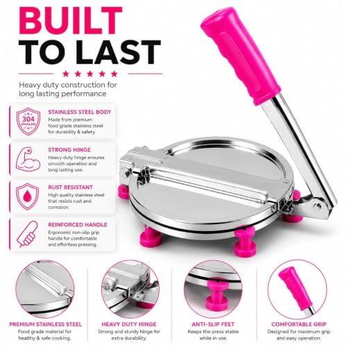 Image of Heavy Duty Stainless Steel Roti Press & Puri Maker 8 Inch | Manual Chapati Press with Smooth Pressing Plate | Dough Press Machine for Roti, Puri, Papad, Tortilla, Khakhra & Flatbread | Kitchen Tool
