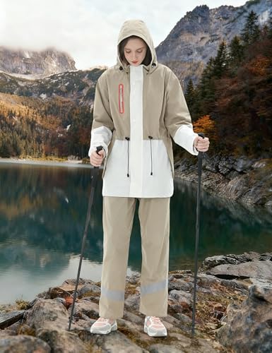 RAINFREEM Regenanzug für Damen, wasserdichte Regenjacke und Hose mit reflektierender Spitze, Regenbekleidung für alle Sportarten, Anti-Sturm, Khaki, Medium