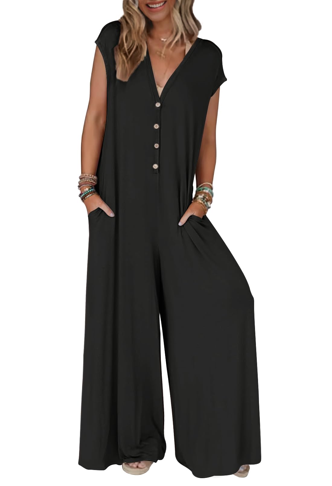 Women's 2026 Summer Cap Sleeve Jumpsuits Dressy Casual Deep V Neck Button Onesie Wide Leg Pants Rompers