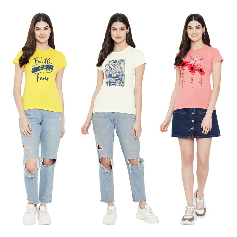 Image of Preneum Women's Cotton Regular Fit Graphic Stylish Printed Short Sleeves Casual T-Shirt || Trend & Style (Pack 3)