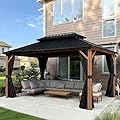 PURPLE LEAF 10' X 14' Hardtop Gazebo Outdoor Wood Grain Aluminum Frame Galvanized Steel Double Roof Gazebos with Netting and Curtains for Patio Deck Backyard Garden