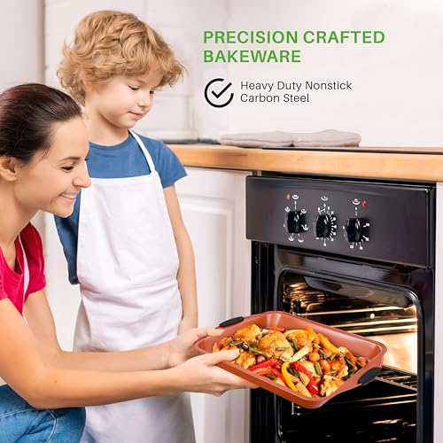 8 Piece Baking Pan Set - PFOA, PFOS, PTFE Free Flexible Nonstick Carbon Steel Bakeware Set - Home Kitchen Bake Pan Cookie Sheet Stackable Baking Tray Set w/Black Silicone Handles - Image 7