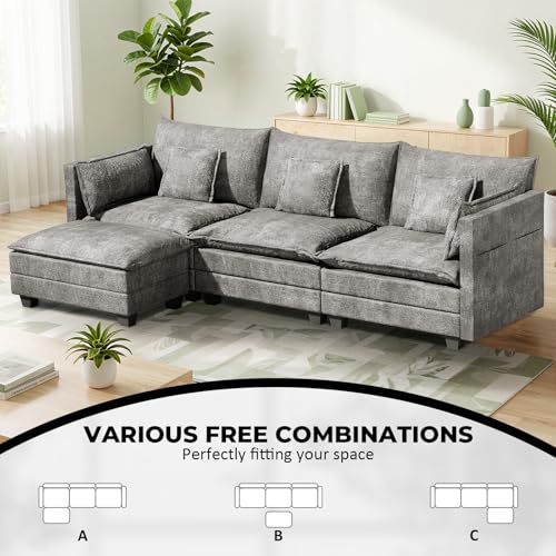 Image of LEVELEVE 112.5 inch L-Shape Modular Sofa with 1 Ottomans, Deep Seat Cloud Convertible Sleeper, 3 Throw 2 Arm Pillows, Cozy Upholstered Furniture for Living Room Apartment, Dark Grey
