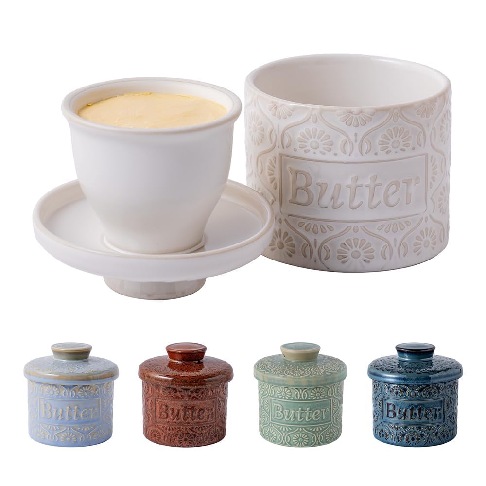 TEATALK Ceramic French Butter Crock - High-Quality Ceramic Butter Keeper with Artistic Design, 6.7oz Creamy White for Fresh Spreadable Butter,