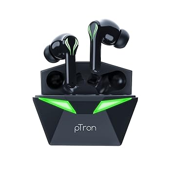 pTron Bassbuds Jade Gaming True Wireless Headphone with 40Hrs Total Playtime with Case, Low Latency, Deep Bass, BT5.0, Touch Control, Dual Mic, Passive Noise Cancellation & IPX4 Waterproof (Black)