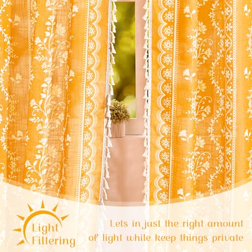 Image of Yinhua Boho Curtains for Living Room 63 Inch Length Vintage Linen Yellow Curtains for Bedroom Light Filtering Floral Window Curtain Rod Pocket & Back Tabs Farmhouse Rustic Tassel Drapes with Tiebacks