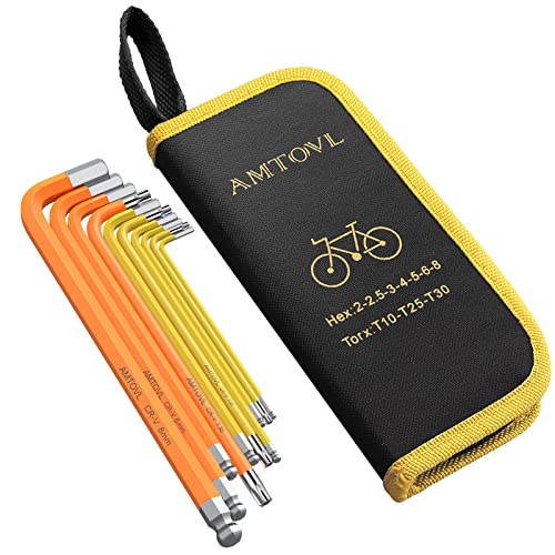 AMTOVL 10 PCS Clés Allen Jeu de Clés Hexagonales en Acier au Chrome-Vanadium Clés Allen Métriques&Torx avec Code Couleur 2, 2.5, 3, 4, 5, 6, 8mm, T10, T15, T30 pour Réparation de Vélo Cover