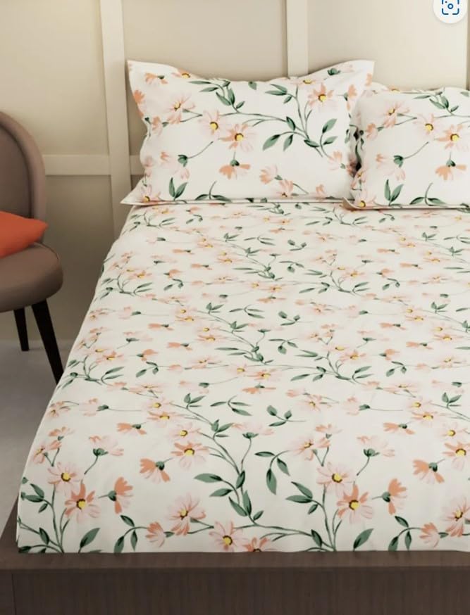 Image of Cotton King Size Elastic Fitted Double Bedsheet (72x78x6 in) with 2 Pillow Covers (Cream Flower)