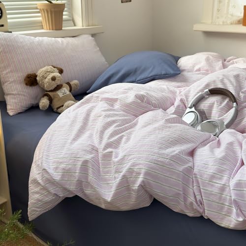 Image of MKXI Queen Size Pink Gray Striped Duvet Cover Set - 3 Piece Vintage Aesthetic Bedding, Lightweight Breathable Comforter Cover, Romantic Soft Stripe Bedroom Decor with Zipper Closure