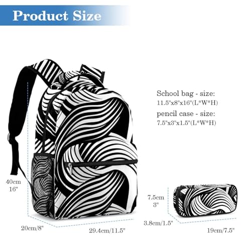 Lot de 2 cartables vague géométrique noir et blanc grande capacité avec trousse - 2