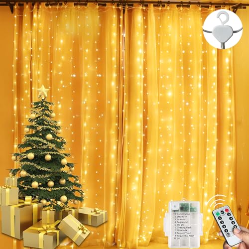 300LED 3m*3m Curtain Lights Battery Operated - 8 Modes Curtain Fairy Lights Indoor with Remote Control/Timer/Adjustable Brightness for Window/Christmas/Bedroom/Wall(Warm White)