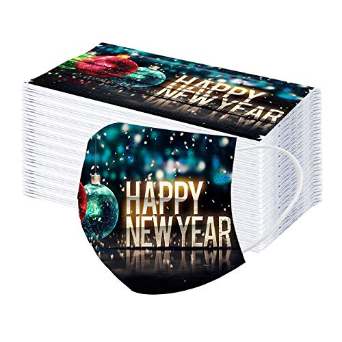 BEUU 100PCS 2021 Happy New Year Disposable Face_Covering for Kids,5-types 3-ply Non-Woven Fabric with Elastic Earloops,Fireworks Camouflage Pattern, High Filtration and Ventilation Security