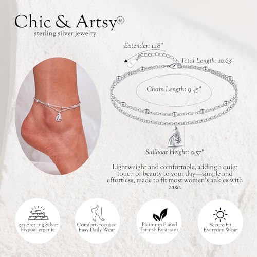 Image of CHIC & ARTSY 925 Sterling Silver Ankle Bracelets for Women, Adjustable Layered Foot Chains with Nature & Symbol Charms, Lightweight Comfort Fit Boho Beach Everyday Jewelry