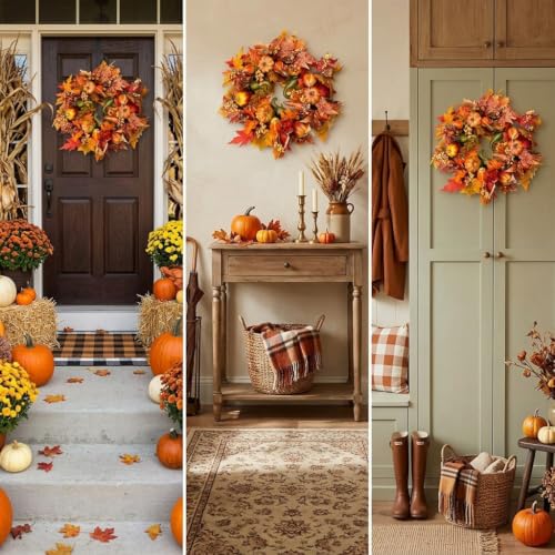 HomeKaren Fall Wreaths for Front Door 22 inch, Fall Door Wreath with Pumpkin, Maple Leaves Autumn Thanksgiving Harvest Festival Decorations Indoor and Outdoor - image 7
