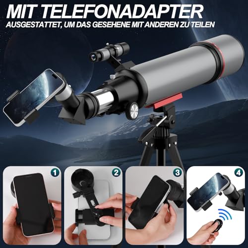 Aurosports Astronomisches Teleskop für Erwachsene - 90mm Öffnung 600mm Refraktor Teleskop für Kinder Anfänger kompaktes und tragbares Reiseteleskop mit Rucksack