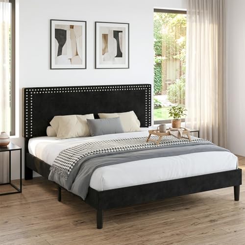 Image of VECELO Queen Size Platform Bed Frame with Height Adjustable Upholstered Headboard, Modern Mattress Foundation,Strong Wood Slat Support, No Box Spring Needed, Easy Assembly,Black