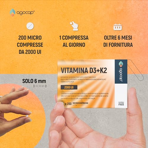 Vitamina D3 K2, 200 Microcompresse in Confezione Tascabile. Vitamina D3 2000 ui e Vitamine K2 (MK7), per Ossa, Denti, Articolazioni e Sistema Immunitario. Qualità ITALIANA. Agocap - 3