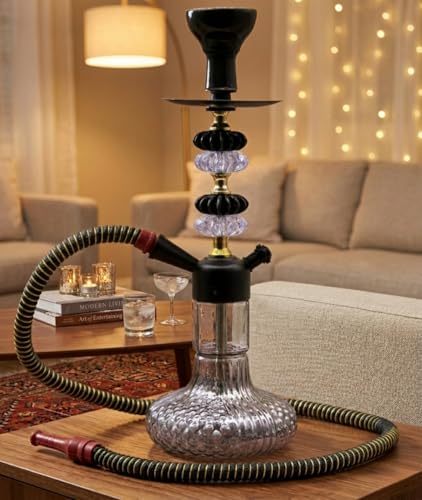 Image of Russian Glass Hookah Set, 16 Inch | Decorative Stem, Black Woven Hose