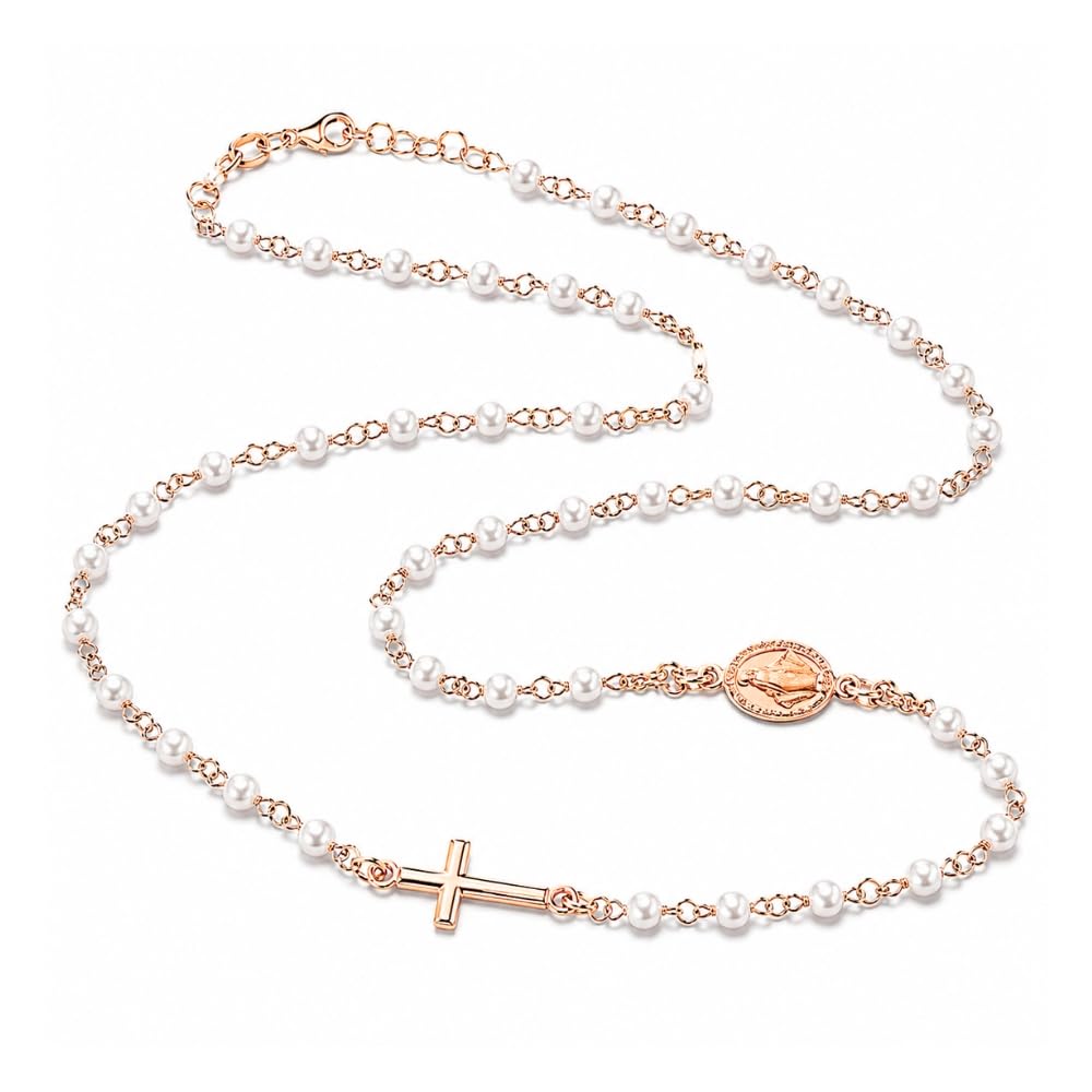Collana Rosario Donna in Argento 925 Ramato Girocollo con Grani di Perle – Simbolo Cattolico Cristiano di Fede Religioso – Collana Elegante Idea Regalo cll2142