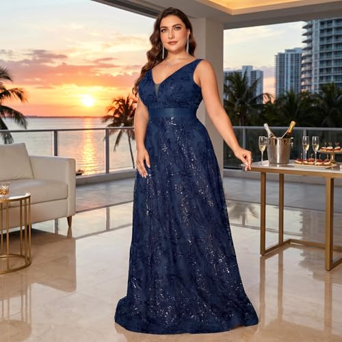Image of Plus Size Formal Dresses for Women with Embroidery Sequin and V-Neck, A-Line Maxi Dress for Wedding and Cocktail