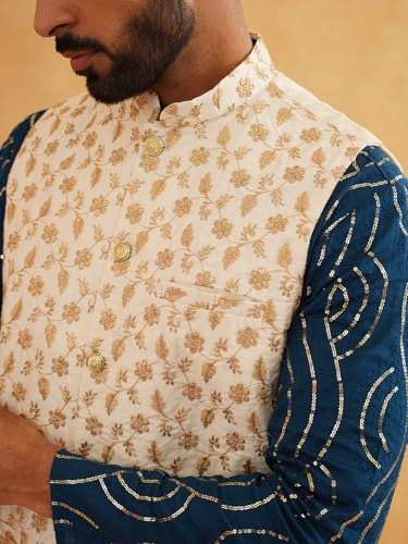 Image of SOJANYA (Since 1958 Men's Pure Cotton Teal Blue Kurta and White Pyjama with Beige Embroidery Nehru Jacket