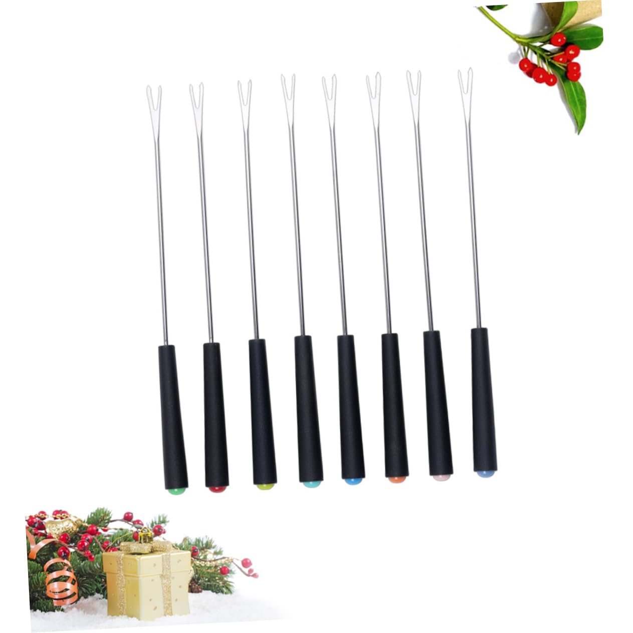 8Pcs Stainless Steel Food Forks Black Plastic Handle for Fruit