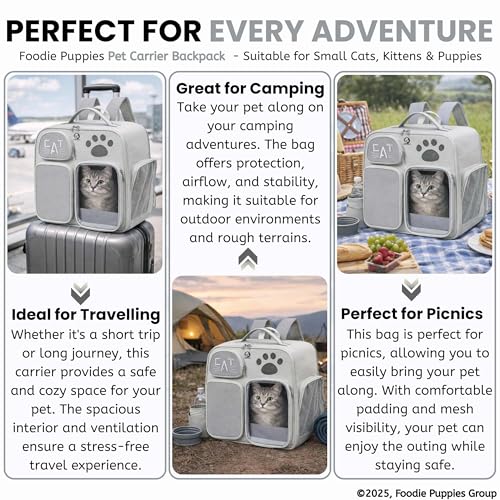Image of Foodie Puppies Pet Carrier Backpack for Cats & Kittens (PawView) (46 x 40 x 23 cm) I Airline Approved with 2 Storage Pockets & 3 Mesh Breathable Windows | Soft-Sided Foldable Ventilated Bag for Travel