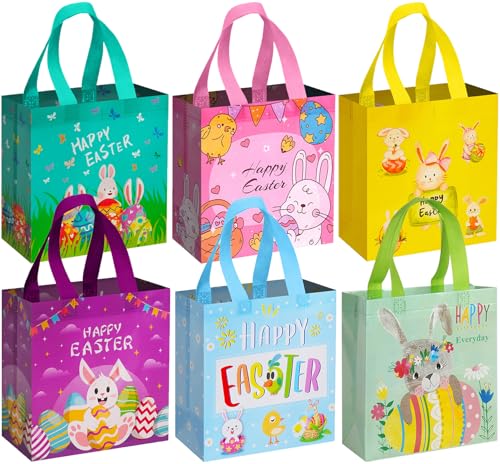SEVSOASEVK 6Pcs Easter Gift Bags with Handles Non-Woven Easter Bags for Kids Egg Hunt Party Favors Supplies Treat Bags Rabbit Bunny Reusable Easter Goodie Bags-Waterproof 9.08.64.3 inch (Color-02)