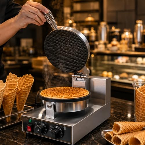 Image of Round Waffle Cone Maker Machine, Commercial Electric Waffle Cone Baker, Ice Cream Cone Maker for Cafe Bakery Restaurant