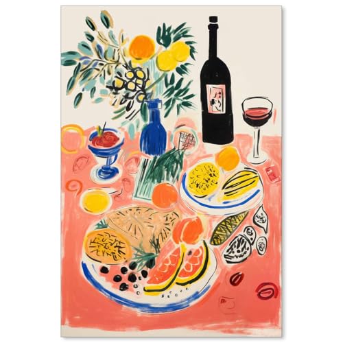 OMANI Colorful Abstract Fruits Food Poster Retro Kitchen Wine Wall Art Lemon Tree Botanical Painting Prints Funky Bar Cart Wall Decor for Dining Room 24X36 inch Unframed