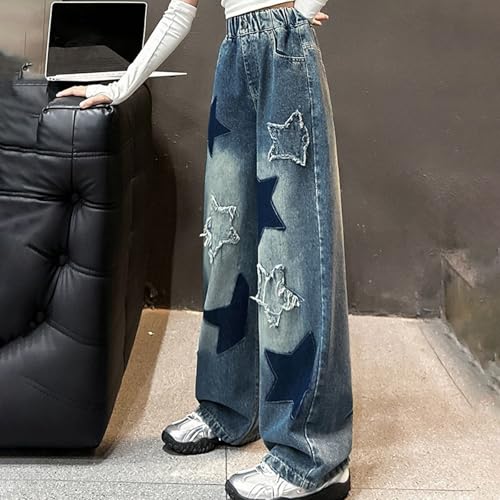 Girls Baggy Jeans Stretchy Waist Wide Leg Denim Pants with Star Embroidery Loose Fit Pants with Pockets for Kids2