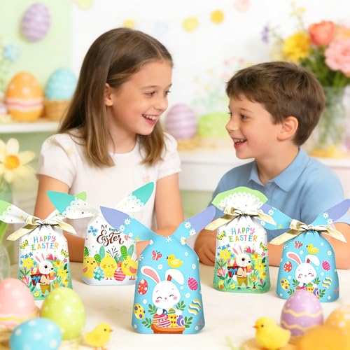 100 Stück Osterhasen Tüten, Geschenktüten Ostern, Ostertüten zum Befüllen, Eierfarben Ostern Osternest Füllung, Schön Hasenohren Süßigkeiten Tüten Partytüten Kindergeburtstag Ostergeschenke Kinder