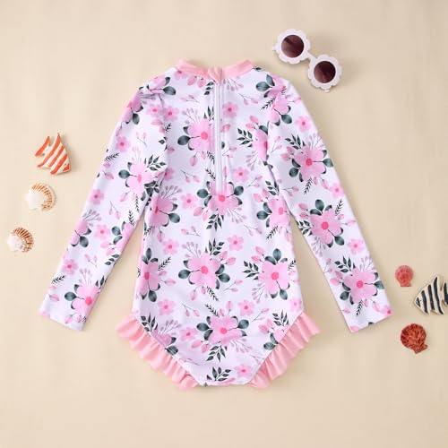 Image of IZYJOY Girl Long Sleeve Swimsuits Ruffle One Piece Rash Guard Bathing Suits Kids Floral UPF 50+ Zipper Swimwear 7-12Y(150(10-11 Years), Flower-Pink)