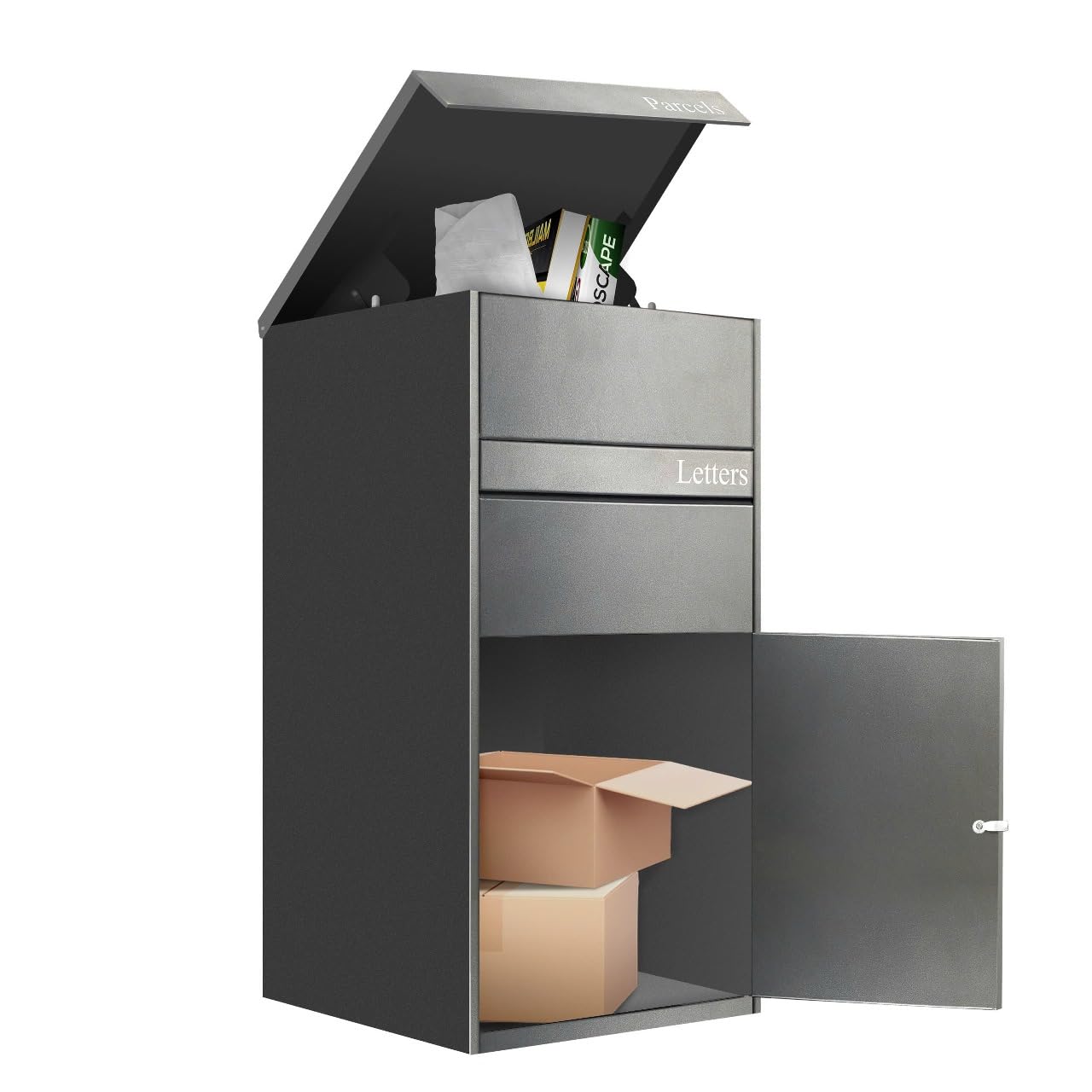 DWD ® Extra Large Parcel Drop Box 42cm wide x 102cm high x 40cm depth, High Security Design Solution for Safely Receiving Your Parcels, Letters, Assisted Lid, Wall/Floor Fixings Black