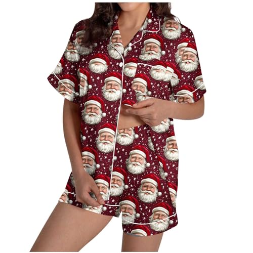 Women's Cute Christmas Pajamas Set Short Sleeve Xmas Top and Shorts 2 Piece Button Down Pjs Lounge Sleepwear