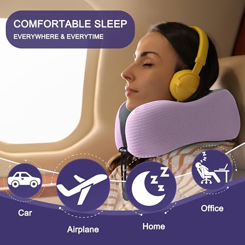 Image of napfun Neck Pillow for Traveling, Upgraded Travel Neck Pillow for Airplane 100% Pure Memory Foam Travel Pillow for Flight Headrest Sleep, Portable Plane Accessories, Light Purple