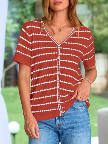 Image of NALANISA Women's Short Sleeve Sweater Spring Summer Crochet Knit Tops 2026 V Neck Striped Button Down Dressy Casual Blouses