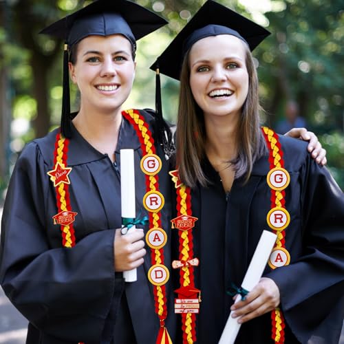 Image of Graduation Leis Class of 2026 Decorations, Handmade Double Braided Graduation Ribbon Leis with Glitter Pins for Him Her High School College Congrats Party Supplies (Red & Gold)